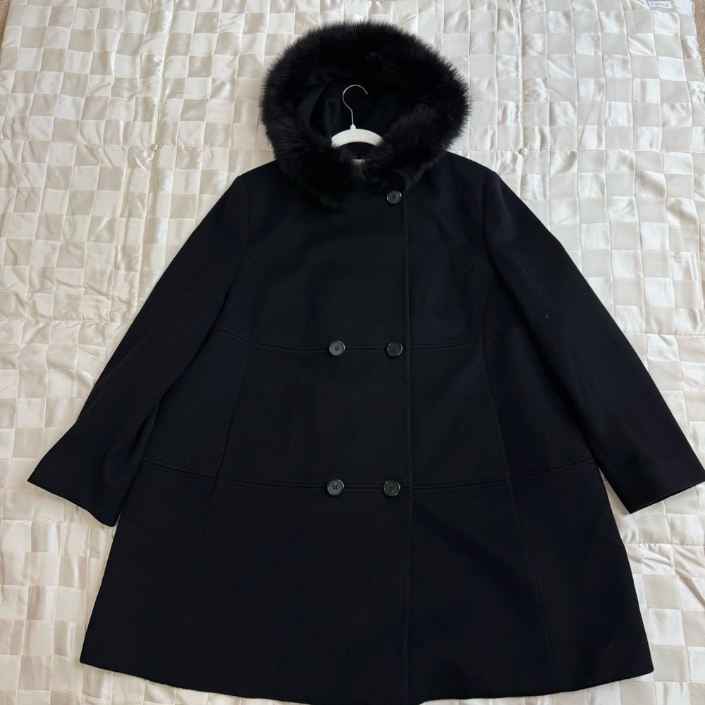 Loro Piana Fleurette Black Wool Double Breasted Coat Genuine Fox Fur Trim Sz 22 - Picture 10 of 17